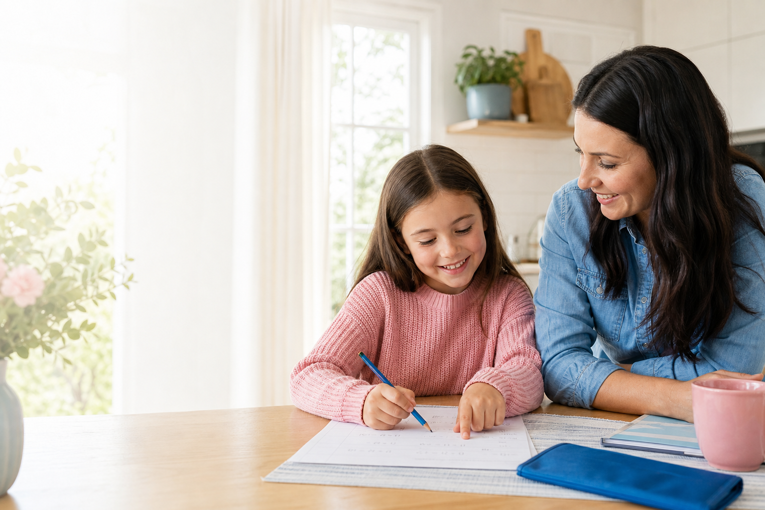 A parent and child doing a short math practice session together at a kitchen table